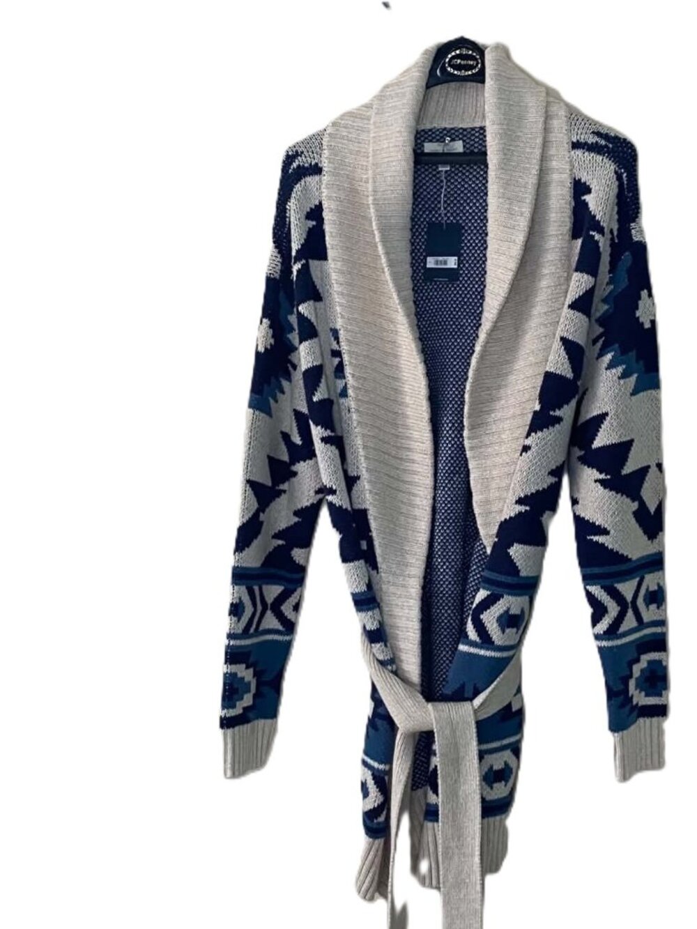 Lucky Brand Women's L NWT Aztec Southwestern Cardigan Sweater Shawl Collar Blue